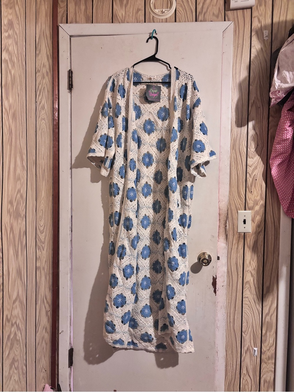 POL Crochet Kimono Duster in Cream and Blue